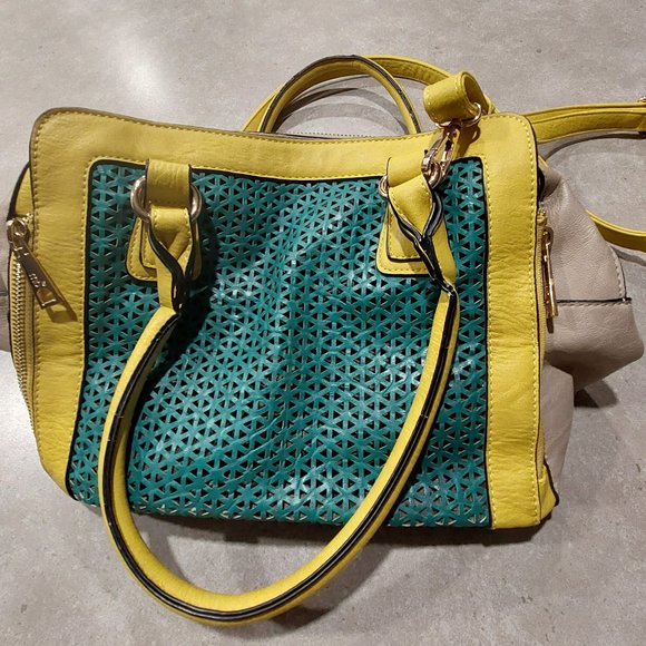 MELIE BIANCO "Leslie" Vegan Leather Handbag - Green/Yellow/Beige - Size Medium - Picture 3 of 10